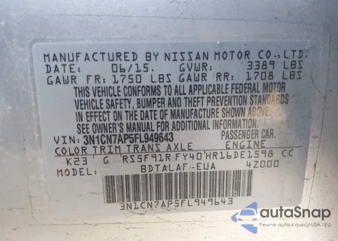 2015 Nissan Versa 1.6 S z USA, uszkodzony, nr VIN 3N1CN7AP5FL949643